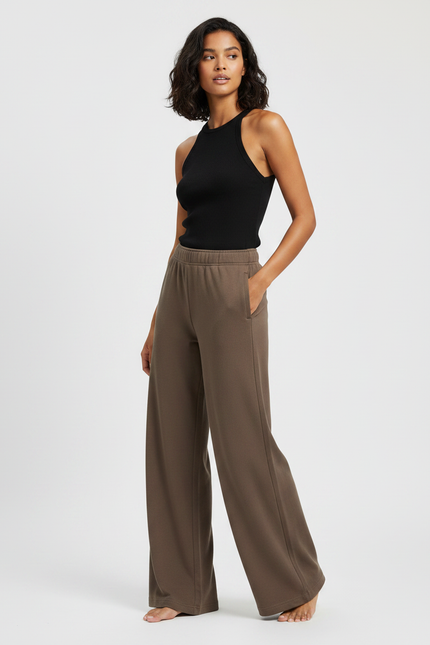 Pantalon Fluide Marron Droit Ample Décontracté Coton - Molleton