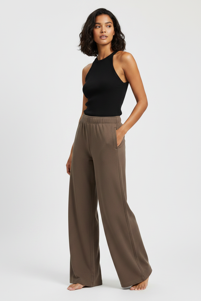 Pantalon Fluide Marron Droit Ample Décontracté Coton - Molleton