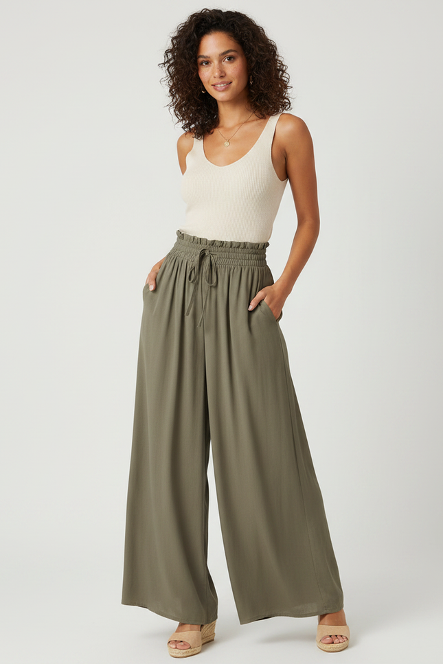Pantalon Large Fluide Kaki - Viscose