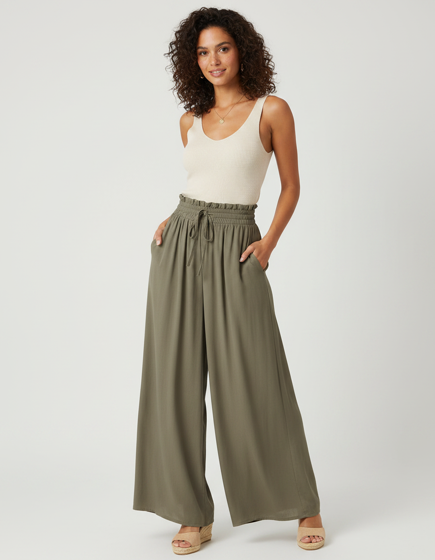 Pantalon Large Fluide Kaki - Viscose