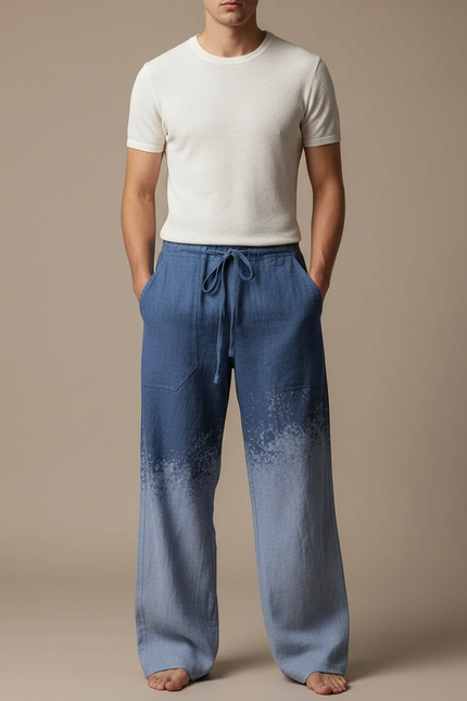 Pantalon Fluide Bleu Dégradé Ample Décontracté Cordon Homme - Lin