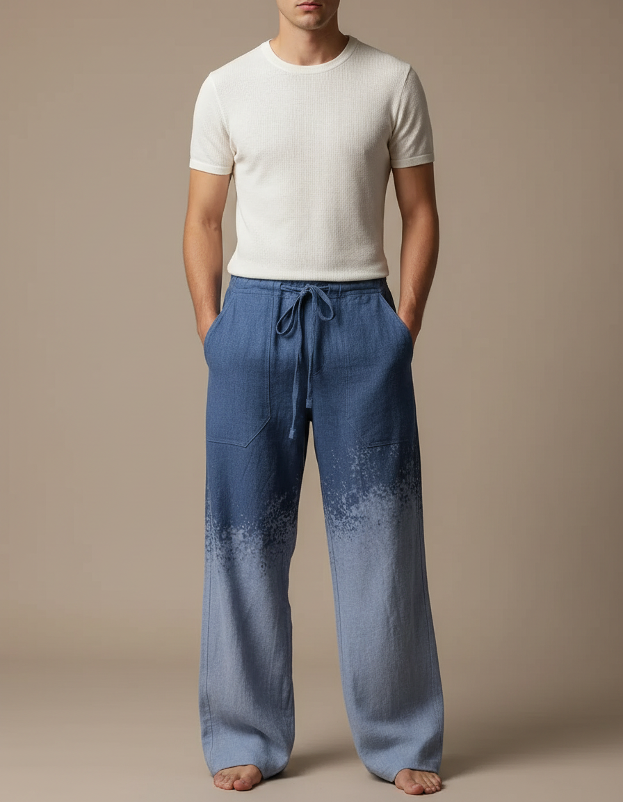 Pantalon Fluide Bleu Dégradé Ample Décontracté Cordon Homme - Lin