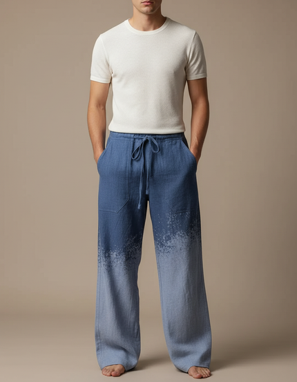 Pantalon Fluide Bleu Dégradé Ample Décontracté Cordon Homme - Lin