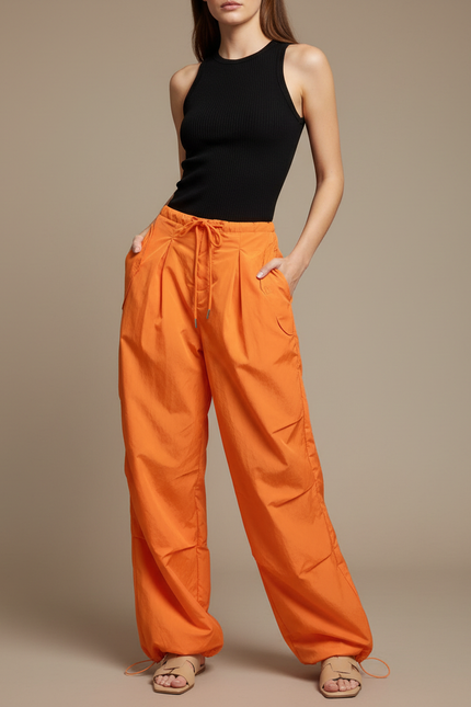 Pantalon Fluide Orange Ample Sport Décontracté Femme - Polyester