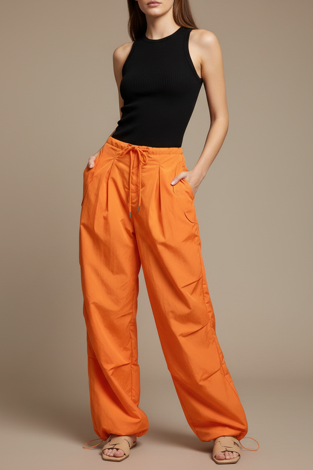 Pantalon Fluide Orange Ample Sport Décontracté Femme - Polyester
