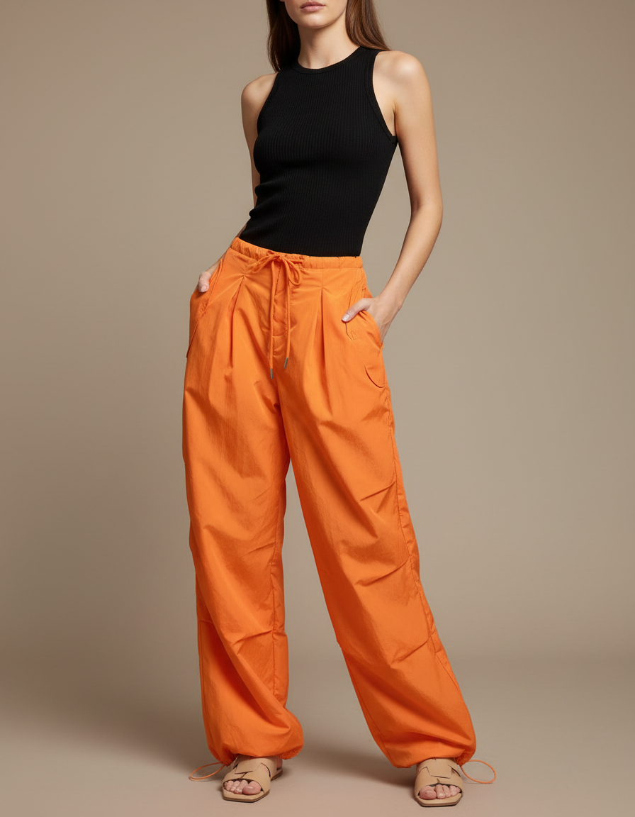 Pantalon Fluide Orange Ample Sport Décontracté Femme - Polyester