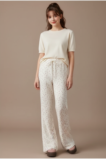Pantalon Fluide Évasé Imprimé Floral Taille Haute Crème - Beige Maille