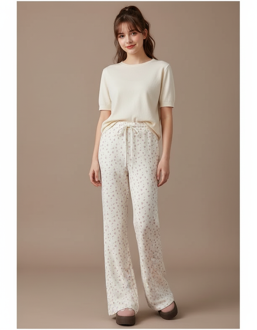 Pantalon Fluide Évasé Imprimé Floral Taille Haute Crème - Beige Maille