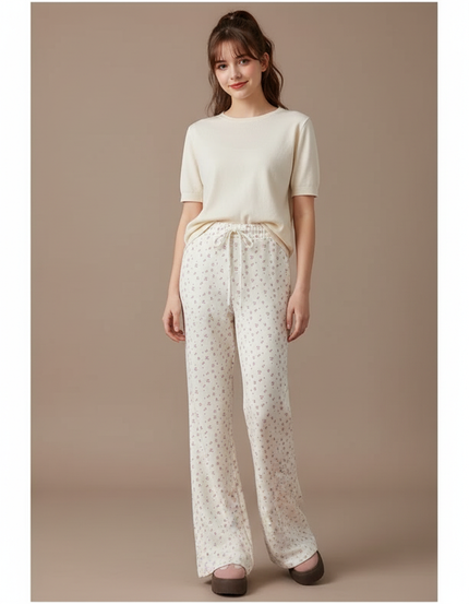 Pantalon Fluide Évasé Imprimé Floral Taille Haute Crème - Beige Maille