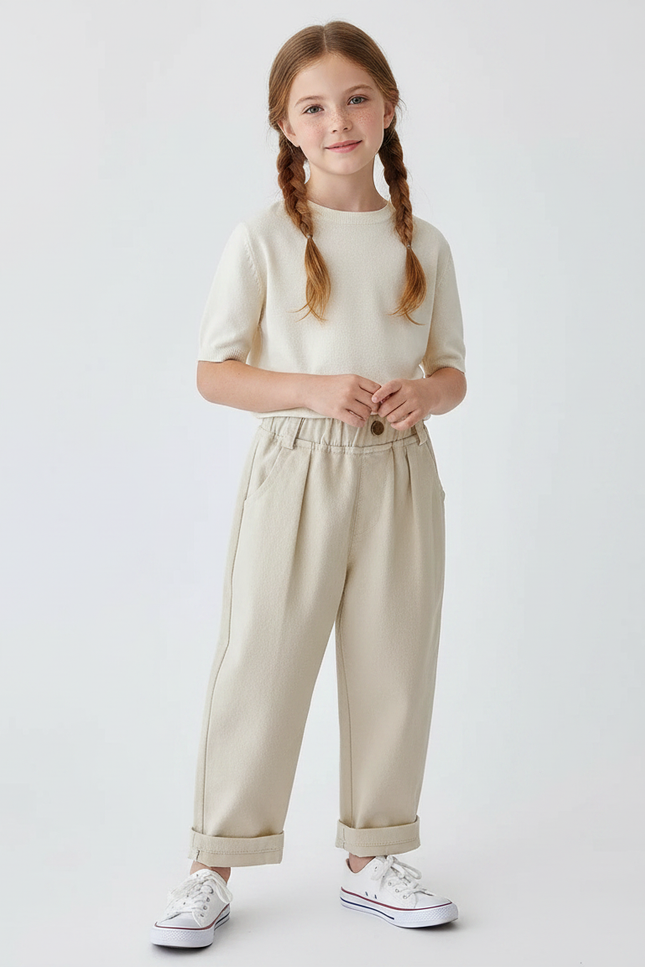Pantalon Fluide Beige Coton Ample Décontracté Enfant - Molleton