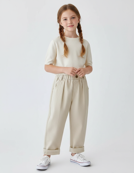 Pantalon Fluide Beige Coton Ample Décontracté Enfant - Molleton