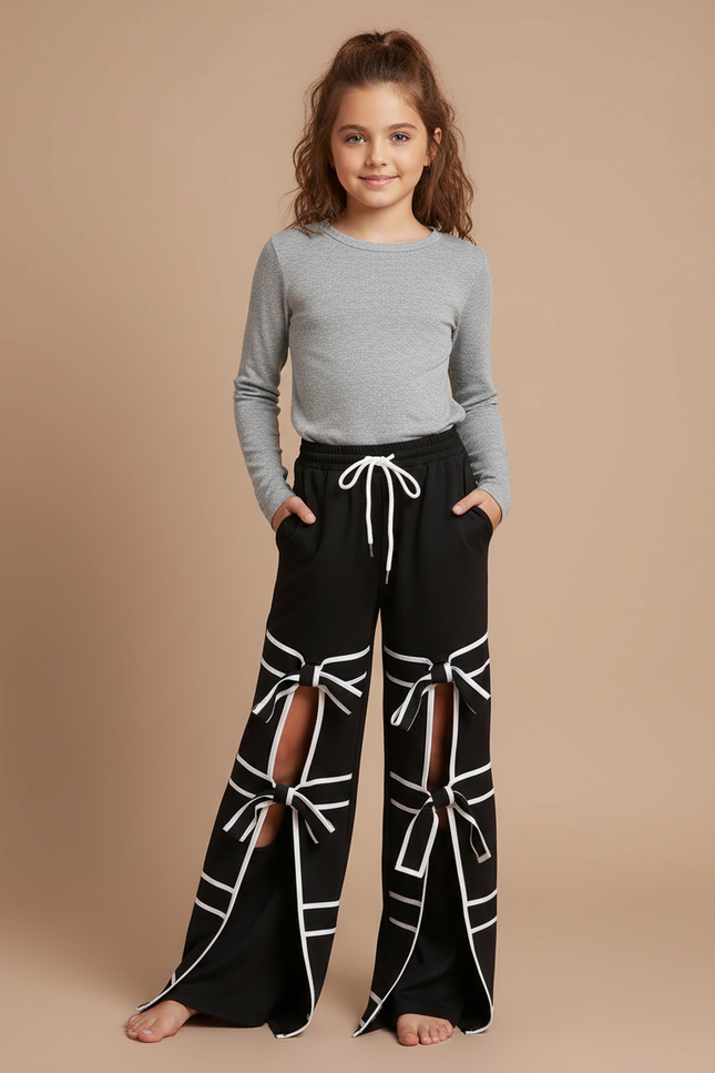 Pantalon Fluide Noir Fendu Nœuds Blanches Ample - Molleton