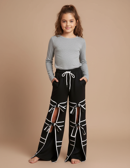 Pantalon Fluide Noir Fendu Nœuds Blanches Ample - Molleton