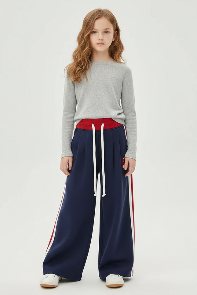 Pantalon Fluide Bleu Marine Rayures Blanches Rouges Décontracté - Molleton