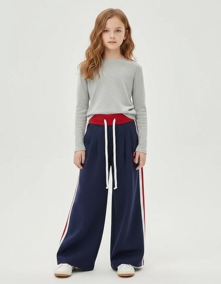 Pantalon Fluide Bleu Marine Rayures Blanches Rouges Décontracté - Molleton