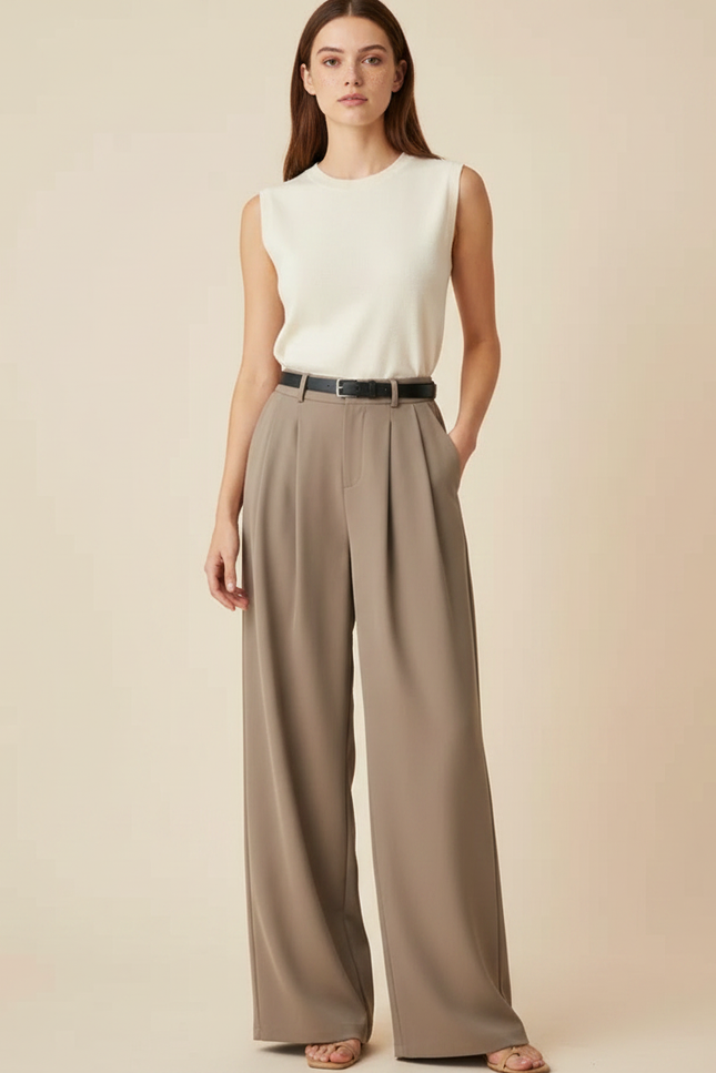 Pantalon Fluide Élégeant Taille Haute Plissé Marron Ample - Polyester