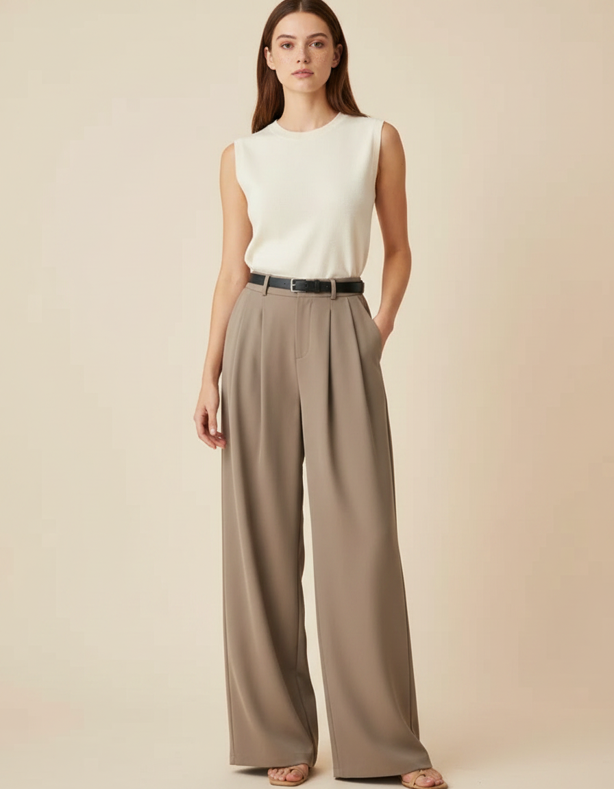Pantalon Fluide Élégeant Taille Haute Plissé Marron Ample - Polyester