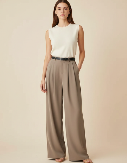 Pantalon Fluide Élégeant Taille Haute Plissé Marron Ample - Polyester