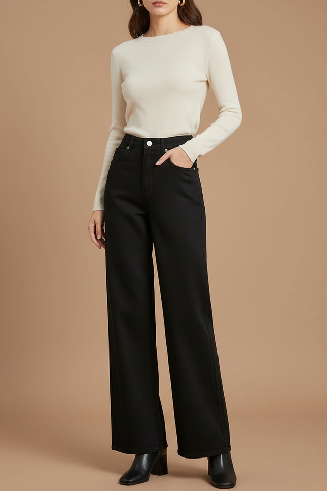 Pantalon Fluide Noir Ample Taille Haute Jean Large