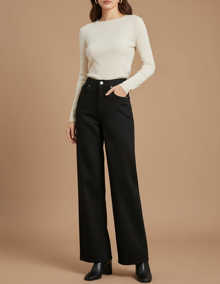 Pantalon Fluide Noir Ample Taille Haute Jean Large