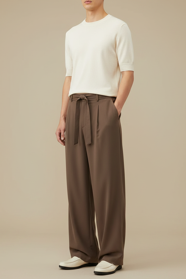 Pantalon Fluide Marron Ample Ceinturé Élégant Homme - Polyester