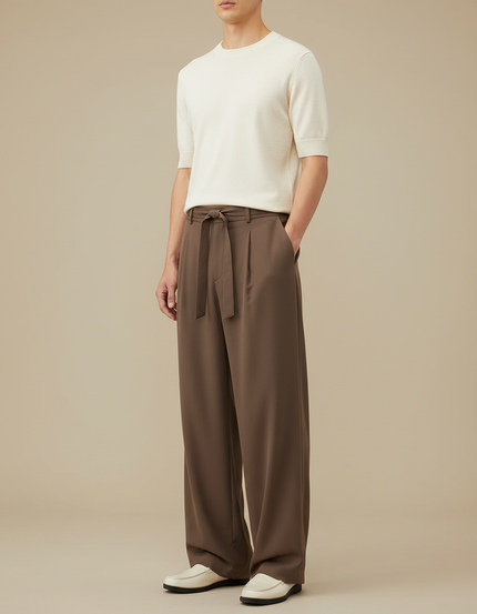 Pantalon Fluide Marron Ample Ceinturé Élégant Homme - Polyester