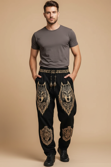 Pantalon Fluide Noir Ample Imprimé Loup Viking Homme - Molleton