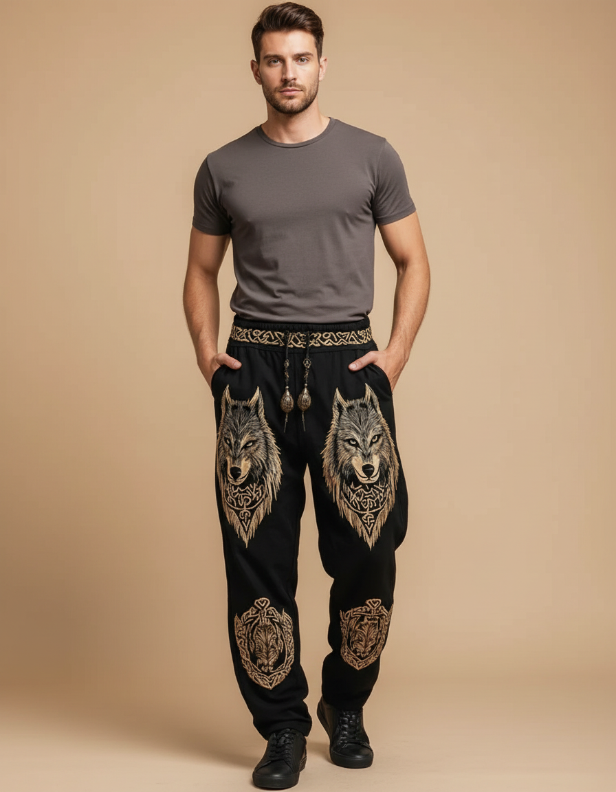Pantalon Fluide Noir Ample Imprimé Loup Viking Homme - Molleton