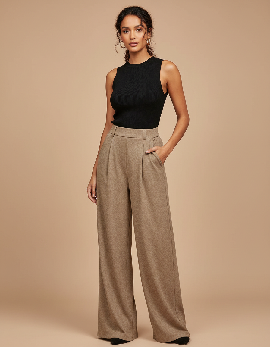 Pantalon Fluide Écru Ample Plissé Texturé Élégant - Beige Polyester