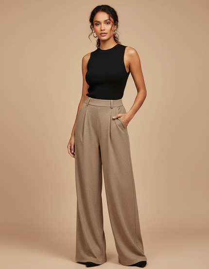 Pantalon Fluide Écru Ample Plissé Texturé Élégant - Beige Polyester