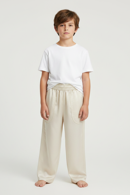 Pantalon Fluide Crème Satiné Ample Décontracté Léger - Beige