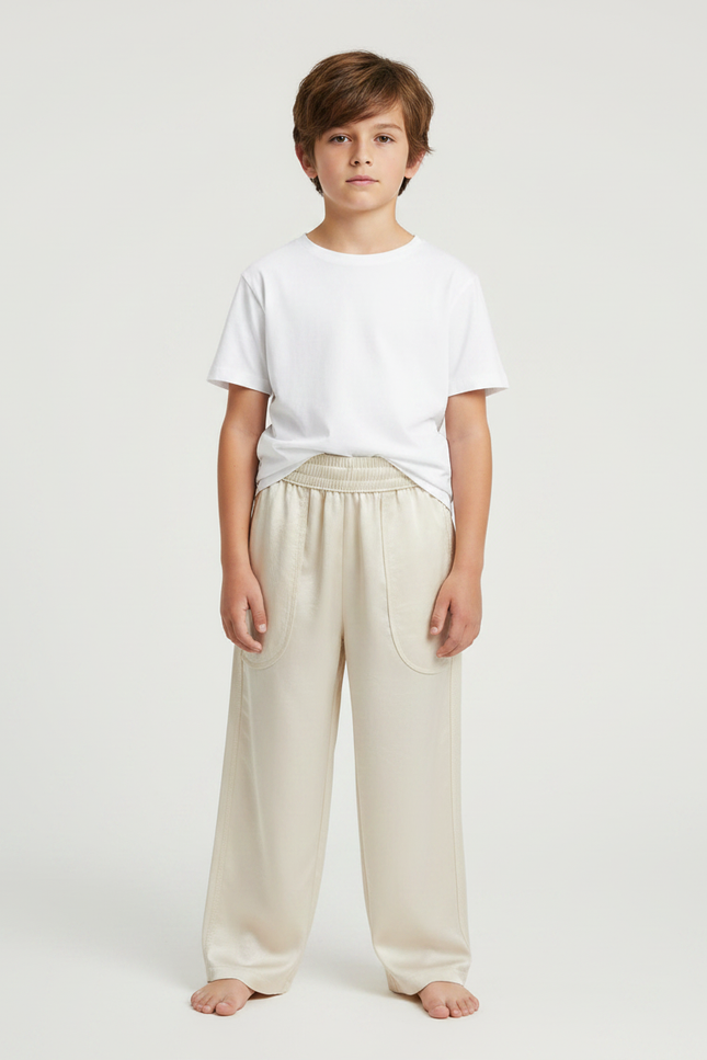 Pantalon Fluide Crème Satiné Ample Décontracté Léger - Beige