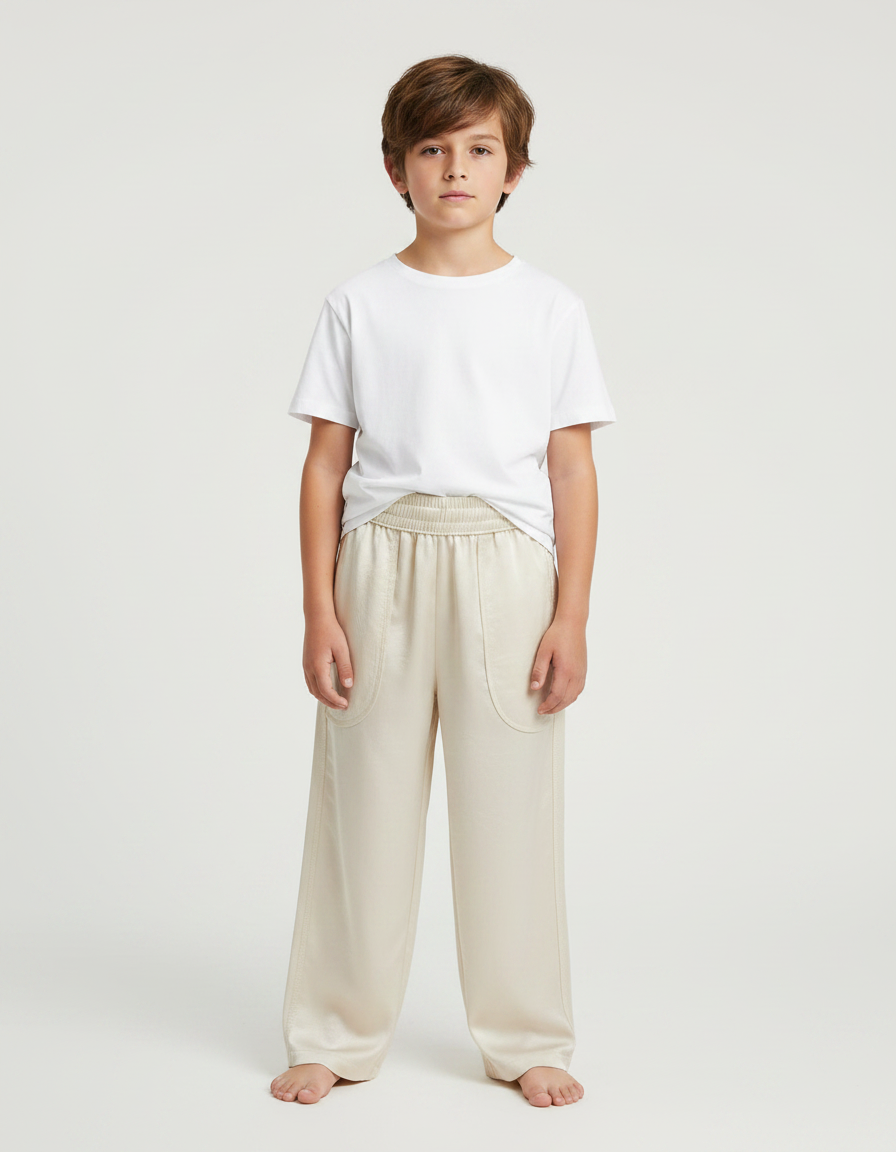 Pantalon Fluide Crème Satiné Ample Décontracté Léger - Beige