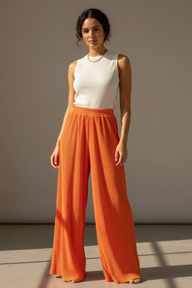 Pantalon Fluide Orange Plissé Ample Décontracté Chic - Polyester
