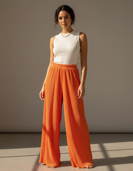 Pantalon Fluide Orange Plissé Ample Décontracté Chic - Polyester