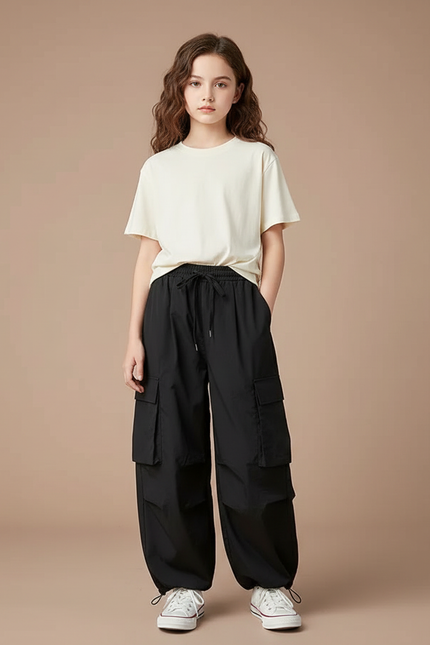 Pantalon Fluide Noir Ample Cargo Cordon Fille - Polyester