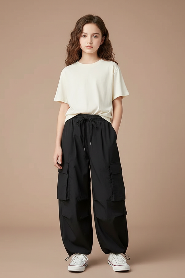 Pantalon Fluide Noir Ample Cargo Cordon Fille - Polyester