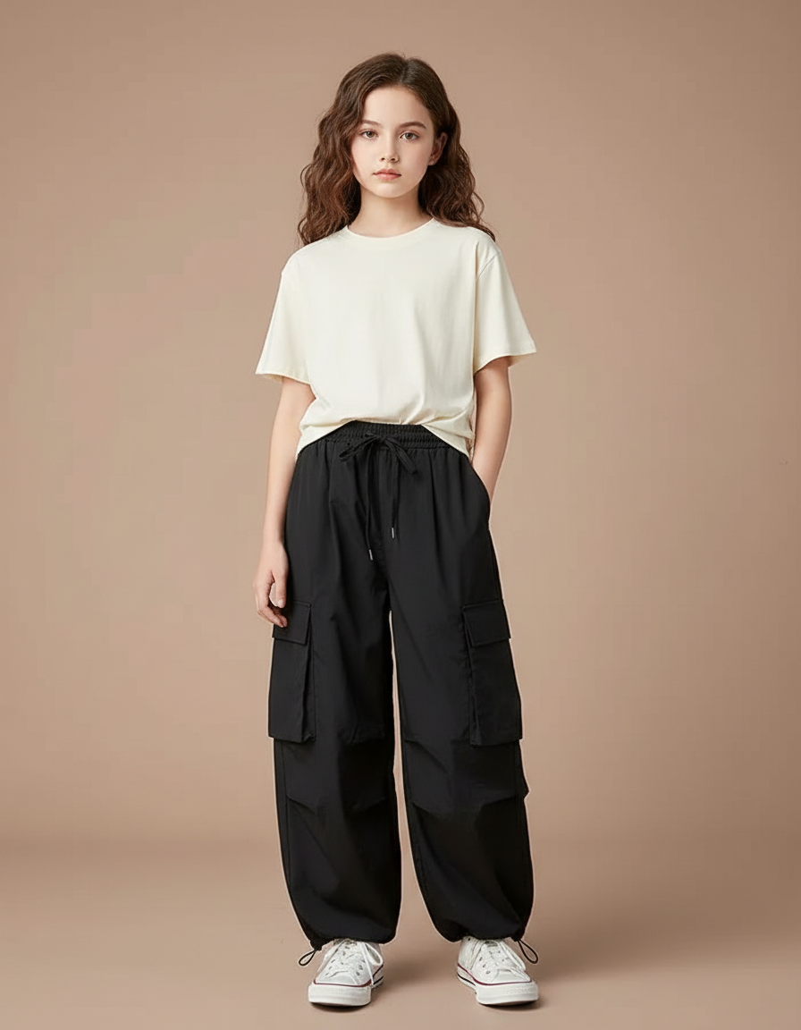 Pantalon Fluide Noir Ample Cargo Cordon Fille - Polyester