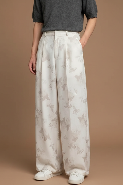 Pantalon Fluide Blanc Cassé Jacquard Papillons Ample Élégant - Satin