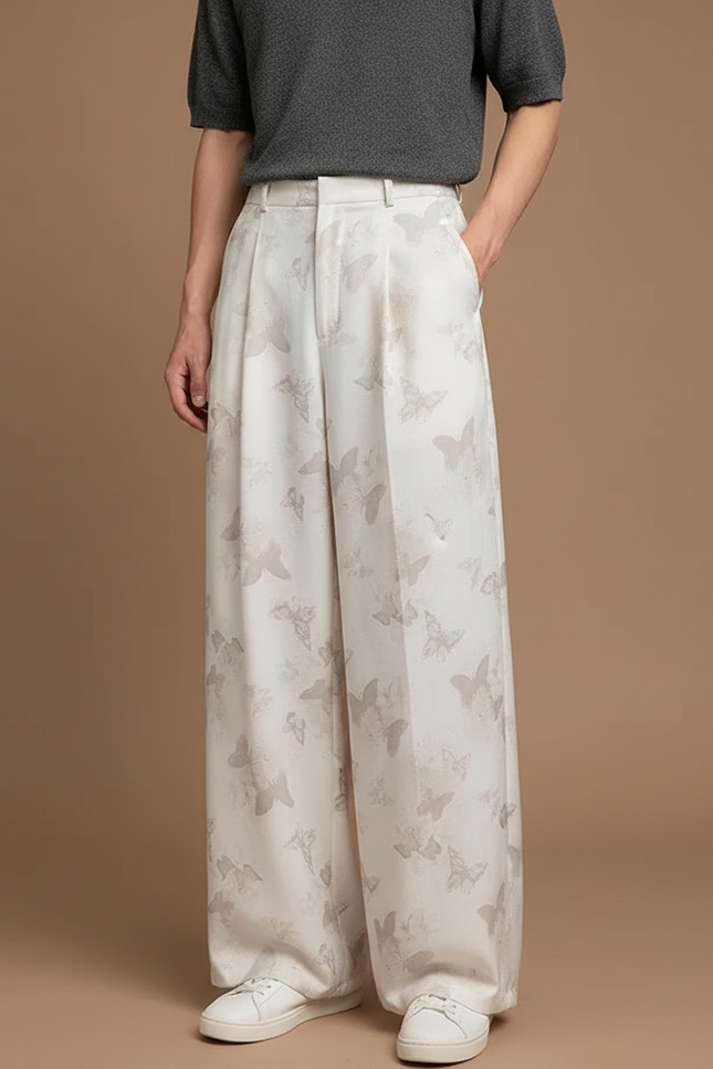 Pantalon Fluide Blanc Cassé Jacquard Papillons Ample Élégant - Satin