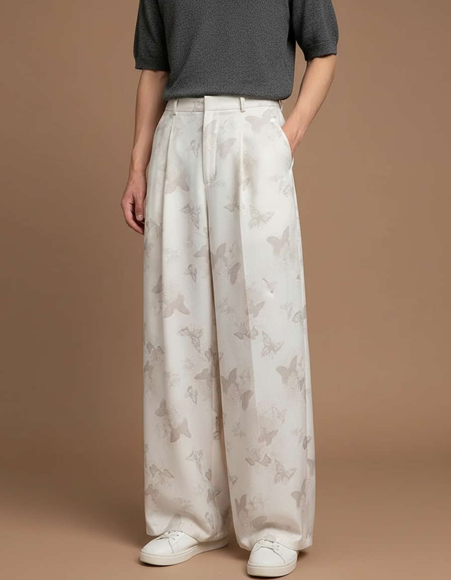 Pantalon Fluide Blanc Cassé Jacquard Papillons Ample Élégant - Satin