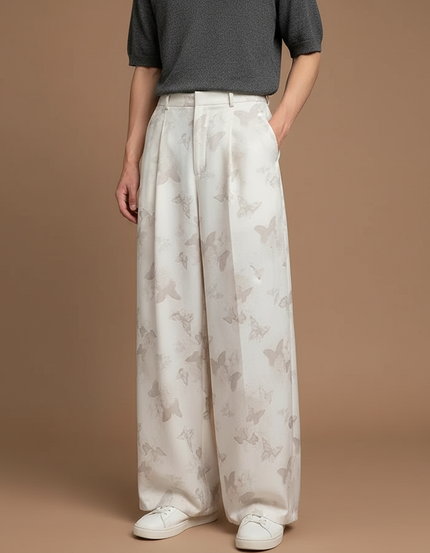 Pantalon Fluide Blanc Cassé Jacquard Papillons Ample Élégant - Satin