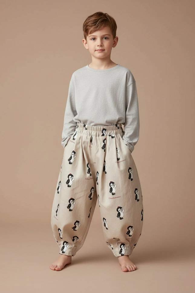 Pantalon Fluide Beige Ample Imprimé Pingouin Décontracté Enfant - Lin