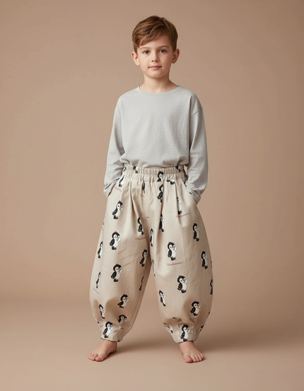 Pantalon Fluide Beige Ample Imprimé Pingouin Décontracté Enfant - Lin