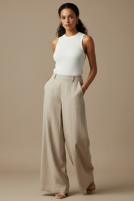 Pantalon Fluide Beige Large Lin Décontracté Élégant
