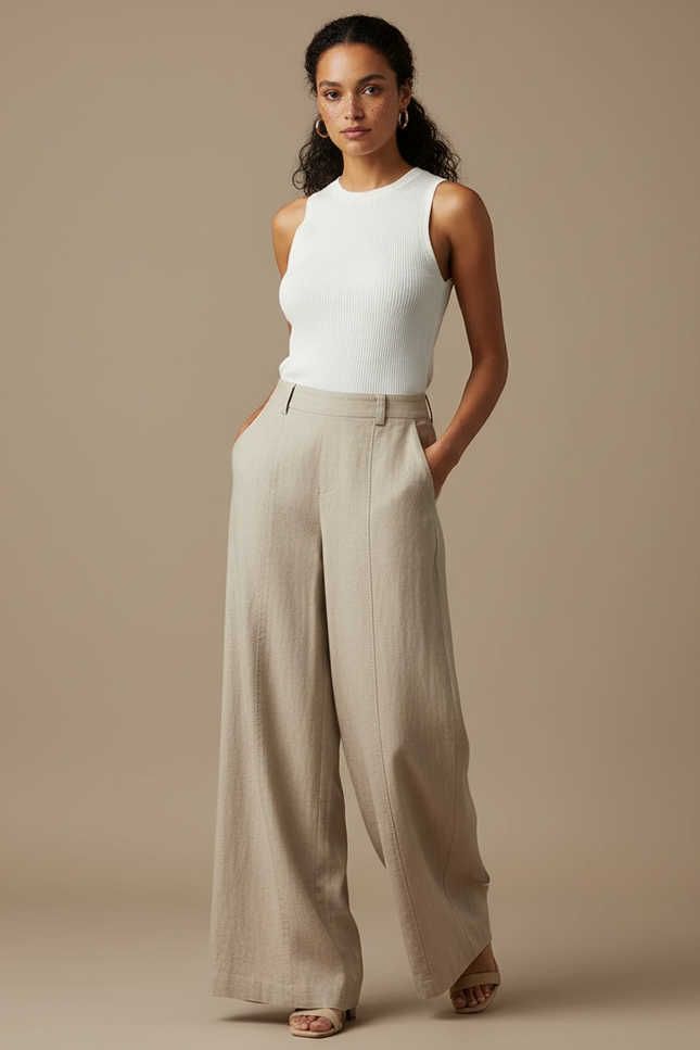 Pantalon Fluide Beige Large Lin Décontracté Élégant