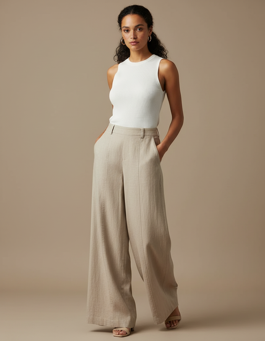 Pantalon Fluide Beige Large Lin Décontracté Élégant