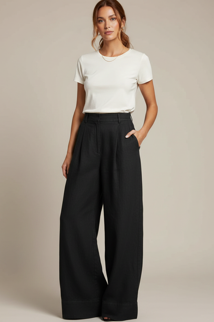 Pantalon Fluide Noir Ample Taille Haute Plissé - Lin