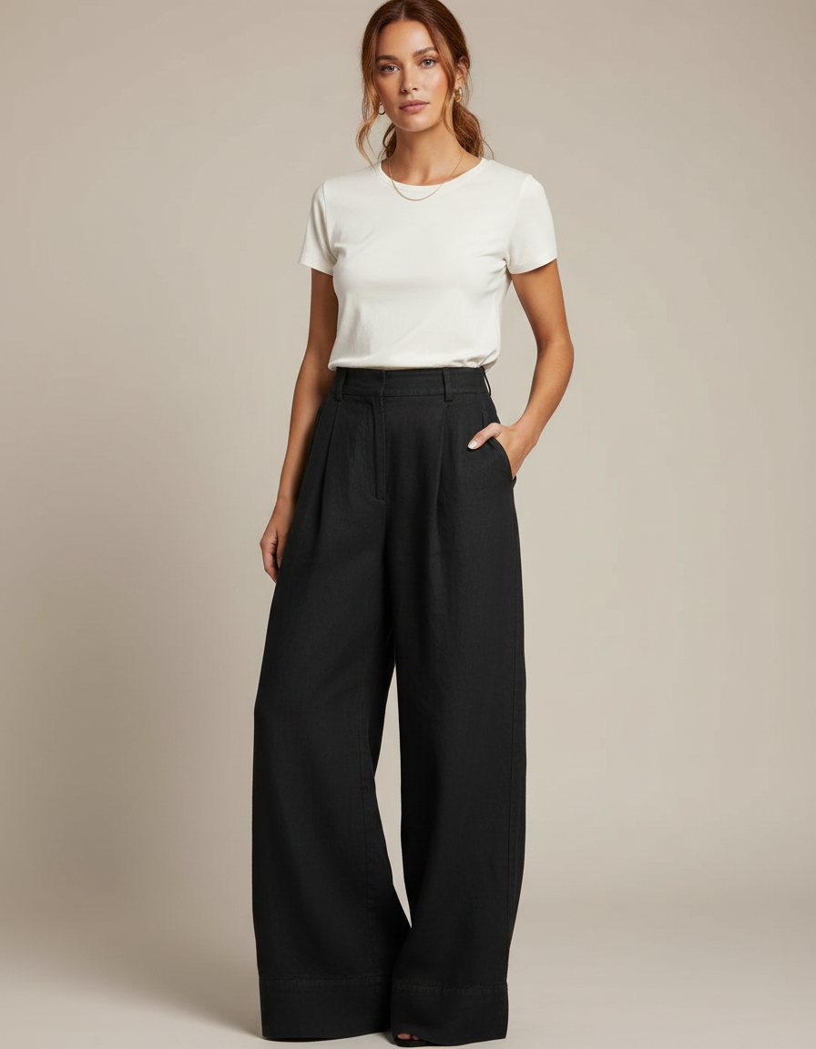 Pantalon Fluide Noir Ample Taille Haute Plissé - Lin