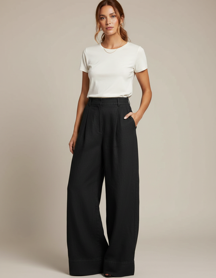 Pantalon Fluide Noir Ample Taille Haute Plissé - Lin